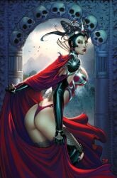 1girls alice_in_wonderland big_breasts black_hair dominant_female latex_stockings latex_thong looking_at_viewer nei_ruffino queen queen_of_hearts_(alice_in_wonderland) red_lipstick red_suit scepter seductive_look solo_female solo_focus tagme tiara zenescope zenescope_entertainment