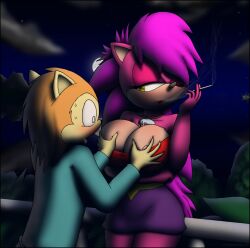 big_breasts breast_grab breasts cyrus furry mobian_(species) night_sky sega sex smoking sonia_the_hedgehog sonic_(series) sonic_the_hedgehog_(series) sonic_underground squeezing squeezing_breast