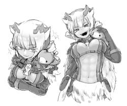 abs ahoge big_breasts female female_only fur fur_clothing gloves high-angle_view inner_sideboob looking_at_viewer made_in_abyss monochrome no_bra open_clothes open_mouth open_shirt revealing_clothes short_hair smile solo srajo