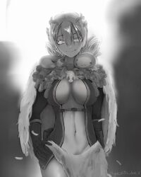 big_breasts bodysuit cape cleavage female female_only first_porn_of_character fur_clothing greyscale hand_on_hip inner_sideboob looking_at_viewer made_in_abyss monochrome no_bra open_clothes open_shirt revealing_clothes short_hair smile solo srajo