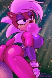 1girls big_ass big_breasts blue_eyes bubble_butt bubble_gum butt clothing eyelashes female female_only furry gloves pink pink_hair purple_eyelids ramdoctor sega sideview solo solo_female sonia_the_hedgehog sonic_(series) sonic_the_hedgehog_(series) sonic_underground