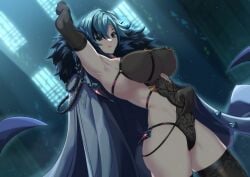 absurdres arlecchino_(genshin_impact) arm_behind_head arm_up armpits bangs bare_shoulders black_gloves black_hair black_leotard black_thighhighs breasts coat coat_on_shoulders elbow_gloves female fur-trimmed_coat fur_trim genshin_impact gloves grey_eyes grey_hair hair_between_eyes highleg highleg_leotard highres large_breasts leotard looking_at_viewer multicolored_hair red_pupils short_hair smile solo streaked_hair symbol-shaped_pupils thighhighs thighs torahime white_coat x-shaped_pupils