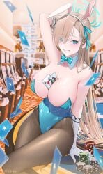 arm_up armpit armpits asuna_(blue_archive) asuna_(bunny)_(blue_archive) asuna_(bunny_girl)_(blue_archive) beauty_mark beauty_mark_on_breasts big_breasts blonde_hair blue_archive breasts bunny_costume bunny_ears bunnysuit cards cleaning_&_clearing_(blue_archive) huge_breasts large_breasts lichiko millennium_science_school_student playing_card presenting_breasts smile steaming_body steamy_armpits sweat tagme_(artist) thick thick_thighs thighs tongue_out visible_breath