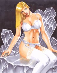 1girls blonde_hair blue_eyes bra chris_foulkes curvaceous curvy curvy_female curvy_figure dc dc_comics female garter_belt heroine hourglass_figure kara_danvers kara_zor-el lingerie medium_breasts solo solo_female stockings supergirl superheroine tagme thong voluptuous white_lingerie white_stockings