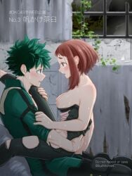 brown_hair buthikireta clothed_sex cowgirl_position faceoff_position green_hair izuku_midoriya my_hero_academia ochako_uraraka straddling sweat sweatdrop tears