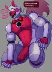 2022 animatronic anthro balls bara biceps big_penis blush blush_stickers bow_tie bow_tie_only canid canine dialogue digital_media_(artwork) english_text five_nights_at_freddy's foreskin fox funtime_foxy_(fnaf) funtime_foxy_(fnafsl) fur genitals glans grey_background hi_res humanoid_genitalia humanoid_penis kneeling kopk lipstick machine makeup male male_only mammal mostly_nude muscular muscular_anthro muscular_male navel pecs penis pinup pose pubes red_body red_fur robot scottgames simple_background sister_location solo speech_bubble text vein veiny_penis video_games white_body white_fur