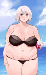 1girls bamboo_ale bbw beach belly big_belly big_breasts breasts chubby fat female female_only huge_belly huge_breasts light-skinned_female light_skin nier nier:_automata overweight short_hair standing thick_thighs white_hair yorha_2b