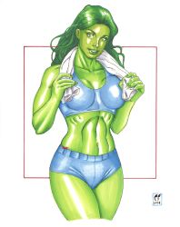 1girls 2008 abs artist_logo big_breasts chris_foulkes clothed curvaceous curvy curvy_female curvy_figure female female_only fit fit_female green_body green_eyes green_hair green_skin hourglass_figure hulk_(series) long_fingernails long_hair looking_at_viewer marvel marvel_comics navel she-hulk short_shorts solo solo_female sports_bra sports_shorts tagme toned toned_female voluptuous voluptuous_female white_background workout_clothes