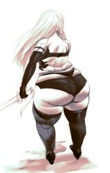 1girls ass bamboo_ale bbw big_ass chubby fat fat_ass female female_only huge_ass light-skinned_futanari light_skin long_hair nier nier:_automata rear_view solo solo_female thick_thighs white_background white_hair yorha_a2