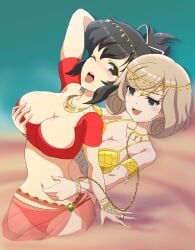 2girls asuka_(senran_kagura) belly_button belly_dancer belly_dancer_outfit big_breasts breasts desert finger_in_belly_button groping groping_breasts haruka_(senran_kagura) large_breasts pinch pinching quicksand senran_kagura senran_kagura_(series) sinking tagme yuri