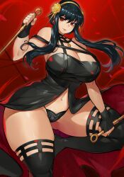 assassin belly_button black_clothing black_dress black_hair black_legwear black_panties breasts cleavage fingerless_gloves gloves gurimjang large_breasts needle painted_nails panties red_background red_hair spy_x_family stiletto_(weapon) string_panties thick_thighs thighhighs thighs thorn_princess wide_hips yor_briar yor_forger