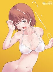 bottomless breasts brown_eyes brown_hair cum cum_in_mouth cum_on_body cum_on_breasts cum_on_hair cum_on_upper_body erect_nipples facial kei_jiei large_breasts see-through short_hair swimsuit wink