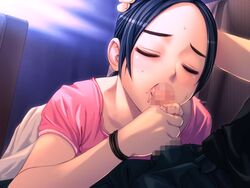 black_hair censored fellatio game_cg oral penis saliva shikan_doumei short_hair solo yasaka_madoka