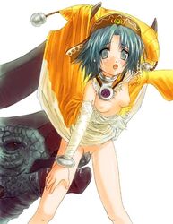 bare_legs beak blue_eyes blue_hair blush breasts chimera detached_sleeves dress dress_lift flat_chest fomarl grey_eyes gulgus hat horns jpeg_artifacts leaning_forward looking_at_viewer monster no_bra no_panties open_mouth phantasy_star phantasy_star_online pussy pussy_juice rape short_hair simple_background skirt skirt_lift tears torn_clothes turtleneck uncensored white_background yellow_dress zoophilia