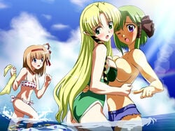 beach bikini bikini_bottom blonde_hair blush braid breast_press breasts brown_hair color drop female fuyou_kaede green_eyes green_hair hair_ribbon kareha large_breasts long_hair multiple_girls ocean orange_hair pointy_ears red_hair ribbon sanshita shigure_asa short_hair shuffle shuffle! side_braid swimsuit symmetrical_docking topless towel tress_ribbon water wink yuri