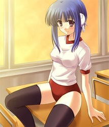 1girls black_legwear blue_hair buruma classroom clothing desk female gym_uniform ilfa_(to_heart) medium_breasts solo stockings thighhighs to_heart_(series) to_heart_2