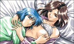 2girls 4bpp 90s bed blue_hair bra bra_lift breast_grab breasts brown_hair female fermion game_cg lingerie multiple_girls open_clothes open_shirt pajamas pc98 shirt short_hair silky's smile underwear yuri