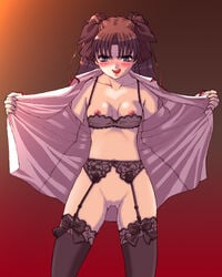 blush garter_belt lingerie no_pussy novagina open_clothes open_shirt shirt thighhighs underwear