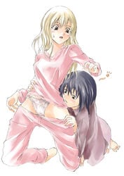 2girls barefoot clothing feet female kneeling lace-trimmed_panties maria-sama_ga_miteru multiple_girls noriko_nijou pajamas panties pants pants_pull pull raid_slash shimako_toudou underwear white_panties yuri