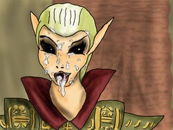 bethesda_softworks bosmer bukkake cum elf facial female galbedir looking_at_viewer morrowind open_mouth smiling the_elder_scrolls wood_elf