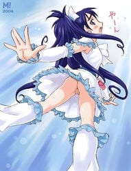 blue_eyes blue_hair bow clothing cure_white dress futari_wa_precure futari_wa_pretty_cure innie_pussy lowres magical_girl maruto maruto! no_panties precure pretty_cure pussy solo translation_request uncensored yukishiro_honoka