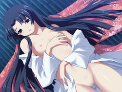 1girls black_hair blue_eyes blue_hair blush breasts censored female game_cg japanese_clothes kimono long_hair miko nipples no_bra no_panties open_clothes open_kimono open_shirt pussy routes sakuya_(routes) shirt small_breasts solo