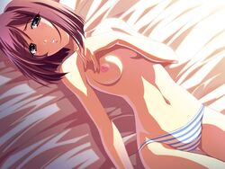 1girls bed blue_panties breasts brown_eyes brown_hair female game_cg imitation_lover izumi_mahiru lying nipples on_back panties short_hair solo sonomura_madoka striped striped_panties thigh_gap thighs topless underwear underwear_only