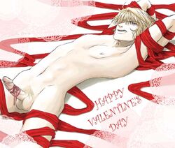 1boy angry blonde_hair bondage bound_penis erection genjou_sanzou genjyo_sanzo happy_valentine lace male male_only naked_ribbon nipples nude on_back pale_skin penis penis_ribbon pubic_hair red_ribbon ribbon saiyuki sanzo solo uncensored valentine