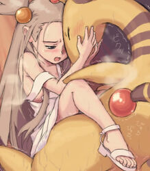 00s 1boy 1girls ampharos bestiality blush breasts brown_hair cowgirl_position dress feet female flat_chest gym_leader jasmine_(pokemon) light-skinned_female light_skin long_hair lowres male_pokemon/female_human mimolette_(mimo) nintendo open_mouth pokemon pokemon_(species) pokemon_gsc pokephilia sandals sex straight_hair strap_slip toes