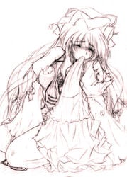 artist_request between_legs blush bow closed_eyes clothes female female_only front_view hair hand_between_legs long_hair monochrome mouth_hold seiza sexually_suggestive sitting sketch solo torn_clothes touhou very_long_hair yukari_yakumo