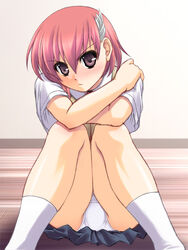 abu angry blush crossed_arms dress_shirt footwear hair_ornament hairclip juju miniskirt necktie over_zenith panchira panchira_(sitting) panties pantyshot pantyshot_(sitting) pantyshot_sitting pink_hair purple_eyes school_uniform serafuku shirt short_hair sitting skirt socks solo underwear vest white_legwear white_panties white_socks