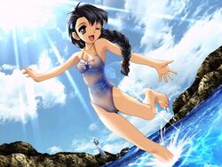 beach black_eyes black_hair braid breasts casual_one-piece_swimsuit cloud dutch_angle female game_cg hohoemi_wo_mou_ichido jpeg_artifacts lens_flare lighthouse mizushiro_takuya navel nipples ocean okime_ayumi one-piece one-piece_swimsuit pussy see-through single_braid sky smile solo sunbeam sunlight swimsuit water wet wet_clothes wet_shirt wetshirt wink