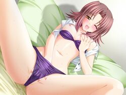 amano_shiori bed bra fall_in_love falling_love game_cg hand_in_panties lingerie masturbation ohizumi_daisaku panties purple_bra purple_panties self_fondle short_hair solo spread_legs underwear wet_panties