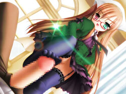 censored color feet female footjob footjob_with_footwear footjob_with_legwear glasses heterochromia human male no_panties penis pov rozen_maiden standing standing_footjob straight suiseiseki thighhighs