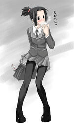 baozi black_hair black_legwear blazer blush briefcase character_request eating food hair_bobbles hair_ornament meatbun necktie nikoman nikuman pantyhose ponytail school_uniform seifuku skirt solo tied_hair