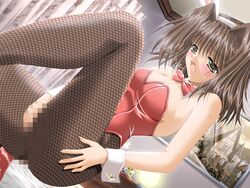 animal_ear blush brown_hair bunny_ear bunnysuit censored clothed_masturbation clothing darling fishnet_legwear fishnet_pantyhose fishnets game_cg irie_kozue legwear masturbation open_mouth pantyhose pussy_juice request solo source sweat wrist_cuffs