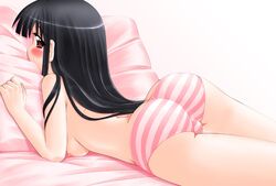 1girls ass black_hair blush breasts female hase_yu long_hair looking_back lying makino_nanami nipples on_stomach panties pillow pink_panties pink_striped_panties red_eyes sideboob solo striped striped_panties suigetsu topless trefoil underwear underwear_only