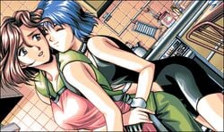 2girls 4bpp 90s apron blue_hair female fermion game_cg multiple_girls pc98 silky's spandex yuri