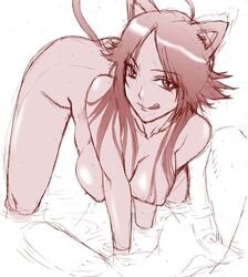 all_fours animal_ears bleach breasts cat_ears cat_tail dark-skinned_female dark_skin hanging_breasts hanzaki_jiro hanzaki_jirou licking_lips long_hair monochrome naughty_face nude shihouin_yoruichi solo tail water