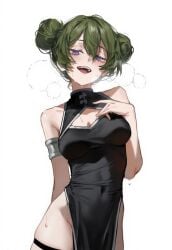 artist_request boob_window chinese_clothes cleavage clothed exposed_thighs green_hair hair_bun hand_on_breast no_underwear purple_eyes qipao source_request sousou_no_frieren sweat ubel_(sousou_no_frieren) visible_breath white_background