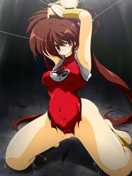 1futa 1futanari 2010 breasts brown_hair censored curvaceous devil_hunter_yohko dress erection_under_clothes futa futanari futanari_focus futanari_only green_eyes hair_rings human kneeling kojirou_(kuon) large_breasts light-skinned_futanari light_skin long_hair looking_at_viewer no_panties penis presenting restrained solo tagme thick_thighs wide_hips yin_yang yohko_mano