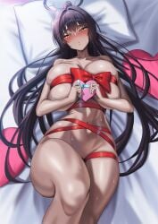bare_shoulders black_hair blue_archive blush box breasts cleavage collarbone dark-skinned_female dark_skin enun female female_only furrowed_brow gift gift_box hair_between_eyes hair_spread_out halo heart heart-shaped_box heart-shaped_pillow highres holding holding_box huge_breasts karin_(blue_archive) long_hair looking_at_viewer lying naked_ribbon navel on_back parted_lips pillow ponytail purple_halo red_ribbon ribbon skindentation solo stomach sweat thick_thighs thighs toned toned_female valentine very_long_hair yellow_eyes