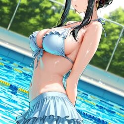 2025 ai_generated belly bikini_under_skirt blue_bikini character_request cropped_head face_visible female female_only frilled_bikini frills golden_earrings green_hair_female hands_behind_back lane_line lowleg lowleg_bikini medium_hair meta open_mouth pool pool_background ten01c tummy wet_body wet_face wet_head