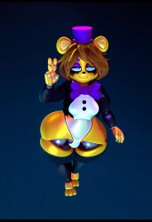 1boy 3d 3d_(artwork) ai_generated animal_ears animal_nose animatronic anthro bear bear_ears black_clothing black_nose black_stockings black_thighhighs black_topwear blue_background blue_eyes bowtie brown_hair buttons clothing collared_jacket cropped_jacket curvy detached_leggings eyeshadow femboy five_nights_at_freddy's fredbear_(fnaf) fredbear_(mishuyuu) from_above full_body furry furry_male furry_only gradient_background half-closed_eyes hand_up jacket long_sleeves looking_at_viewer machine male male_only no_pants peace_sign purple_bowtie purple_eyeshadow purple_headwear robot robot_boy runny_makeup scottgames shadow short_hair simple_background smile solo solo_male thick_thighs tifokoh57 top_hat tophat underwear v v_sign walking white_shirt white_topwear white_underwear wide_hips yellow_body