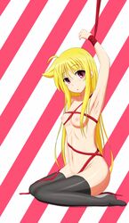 1girls blonde_hair bondage breasts fate_testarossa female long_hair looking_at_viewer lyrical_nanoha mahou_shoujo_lyrical_nanoha mahou_shoujo_lyrical_nanoha_strikers nipples purple_eyes ribbon ribbon_bondage solo thighhighs tom-ani