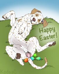 animal_genitalia balls brown_ears brown_eyes brown_markings brown_nose brown_spots canid canine canis domestic_dog easter easter_egg english_text feral floppy_ears fully_sheathed fur genitals glistening glistening_eyes hi_res holidays kodaac lying male male_feral mammal markings mouth_closed narrowed_eyes on_back sheath solo spots spread_legs spreading text whiskers white_body white_fur