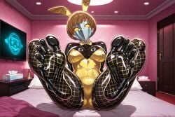 1girls ai_generated atlus bed bedroom black_latex black_latex_bodysuit black_latex_catsuit bob_cut bowtie bowtie_collar brown_hair bunny_ears bunny_ears_headband bunny_girl bunny_suit bunnysuit captured captured_female captured_heroine defeated defeated_female defeated_heroine detached_collar diamond_pattern door feet feet_up fishnet_clothing fishnet_pantyhose fishnets foot_fetish foot_focus forced forced_presentation hotel_room implied_prostitution japanese japanese_female knees_bent latex latex_bodysuit latex_clothing latex_leotard latex_suit legs_spread legs_up leotard light-skinned_female light_skin living_clothes living_latex love_hotel mask mask_on_head masked_female megami_tensei no_pupils persona persona_4 persona_4_the_golden persona_5 persona_5_royal pink_wall pink_wallpaper possessed possessed_clothes possession resting_on_arms satonaka_chie sega shadow_waitress shin_megami_tensei short_hair silver_mask sitting sitting_on_bed stereo strapless_leotard tissue_box tv yellow_bowtie yellow_eyes yellow_latex