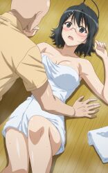 1boy 1girls accident accidental_circumstance ai_generated almost_naked antenna_hair assertive assertive_male bald bare_shoulders barely_clothed before_sex bent_over big_breasts black_hair blush blushing_at_partner breasts cleavage clumsy earrings embarrassed eyewear female glasses highres imminent_sex kneeling light-skinned_female light-skinned_male light_skin male male/female megane mostly_nude nochekaiser881 open_mouth pants pinned pinned_down pinned_to_floor pushed_down rimless_eyewear rimless_glasses shirt short_hair teen teenage_girl teenager towel towel_only uncensored voluptuous voluptuous_female white_skin white_towel yorihime_nao yosuga_no_sora