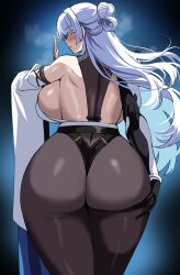 1girls ass ass_grab back backboob bare_shoulders black_gloves black_leotard black_pantyhose blush breasts detached_sleeves drogod_(artist) fingerless_gloves from_behind goddess_of_victory:_nikke grabbing grabbing_own_ass gradient_background hair_bun hat hi_res huge_breasts leotard long_hair mechanical_arm nayuta_(nikke) pantyhose parted_lips sideboob simple_background teeth thick_thighs thighs white_eyes