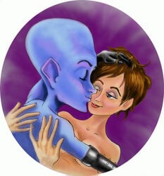 1boy 1boy1girl 1girls alien alien/human blue_skin canon_couple dreamworks female human interspecies male male/female megamind megamind_(character) paramount_pictures roxanne_ritchi tripperfunster white_background wholesome